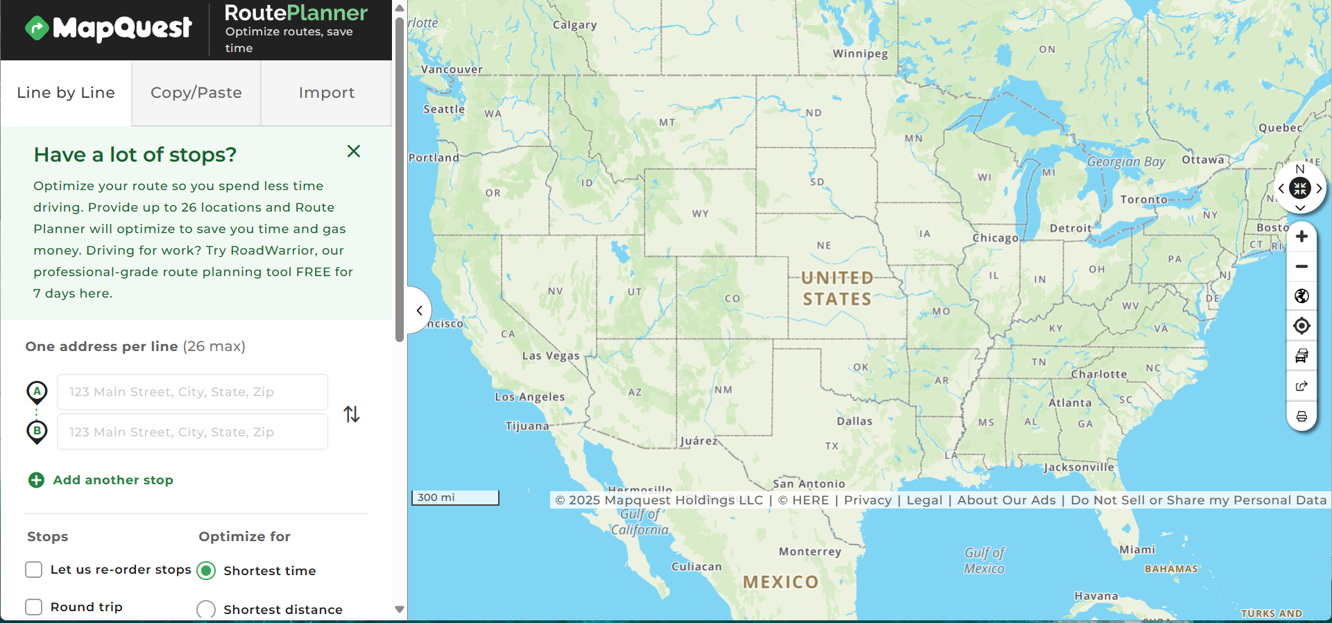 MapQuest Route Planner Interface
